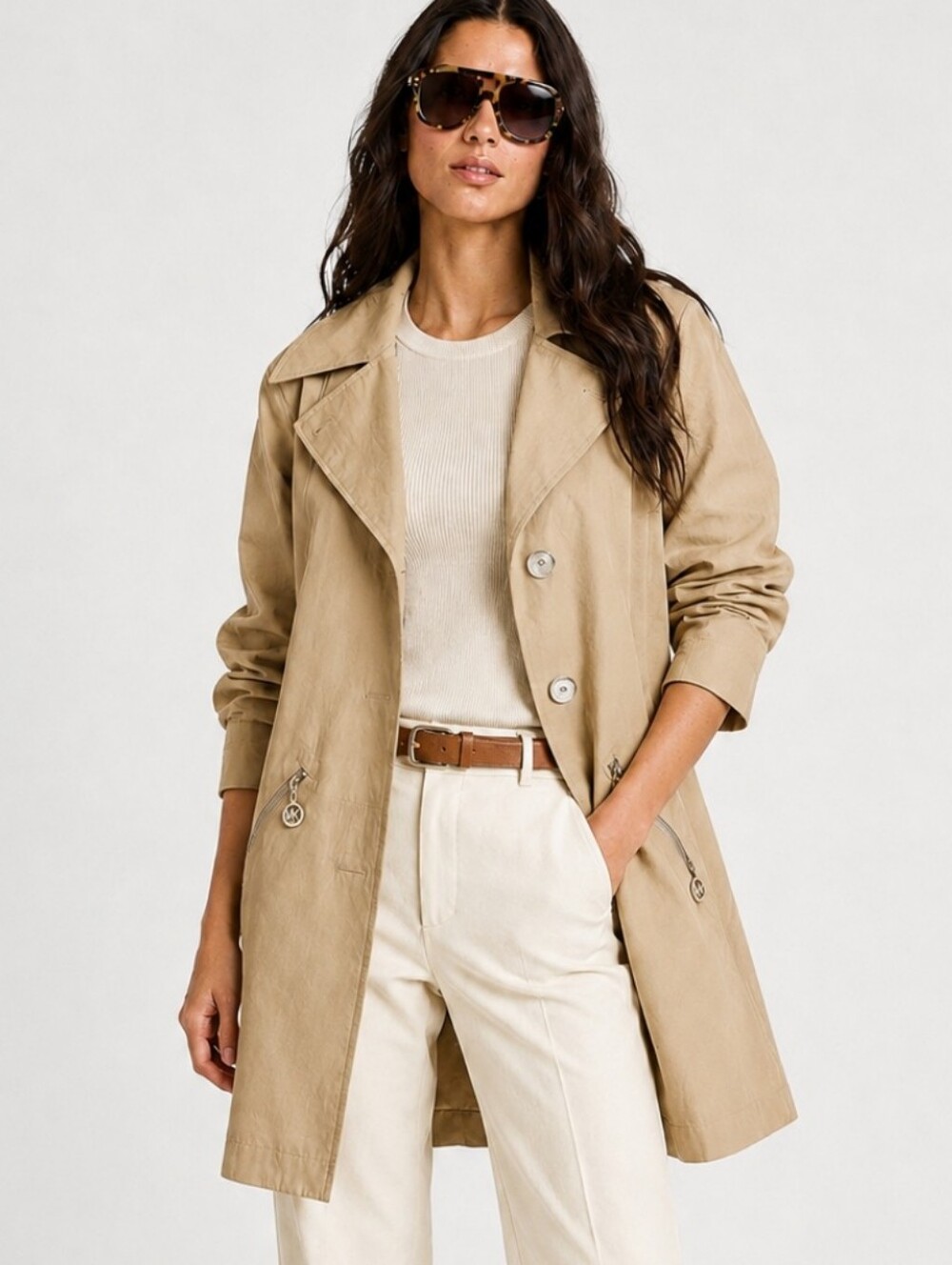 MICHAEL KORS SINGLE BREASTED TRENCH COAT TAN KHAKI SIZE LARGE